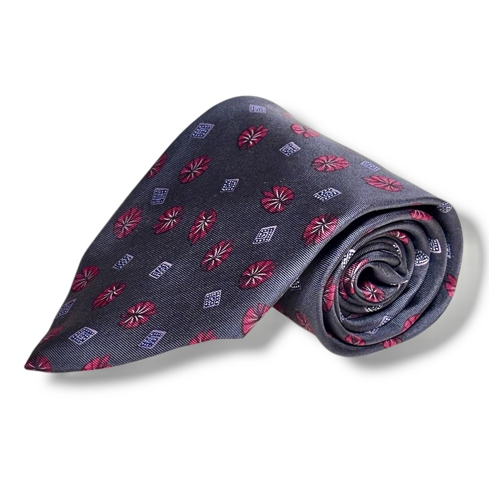 CHRISTIAN DIOR Grey Silk Tie Red Leaves Blue Diamond Scattered Pattern VINTAGE